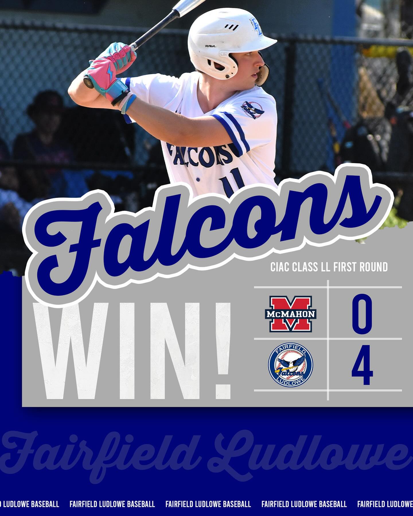 Brennan Davis 3-3, Ian Moore 2-3 with an RBI and run scored. Dylan Davis with two RBI. Tyler Geriak with another complete-game, this time a five-hitter. We advance to the Class LL second round where we will host Glastonbury on Tuesday. #LudloweBase #FalconPride