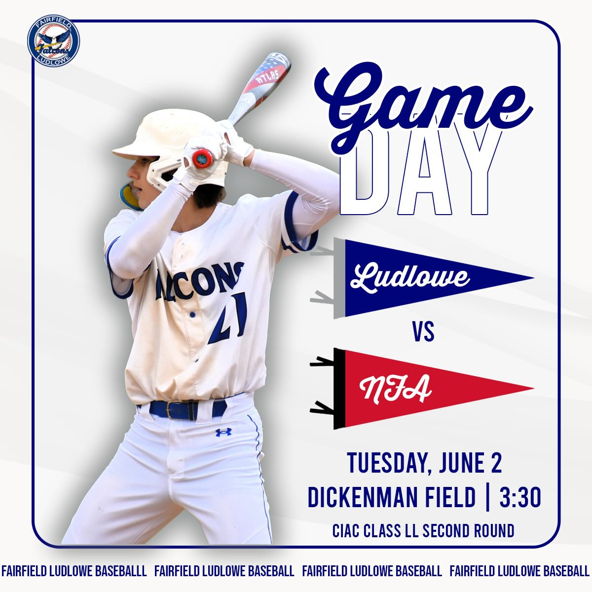 Game day! Second round of the Class LL State Tournament as we head up to NFA. #LudloweBase #FalconPride