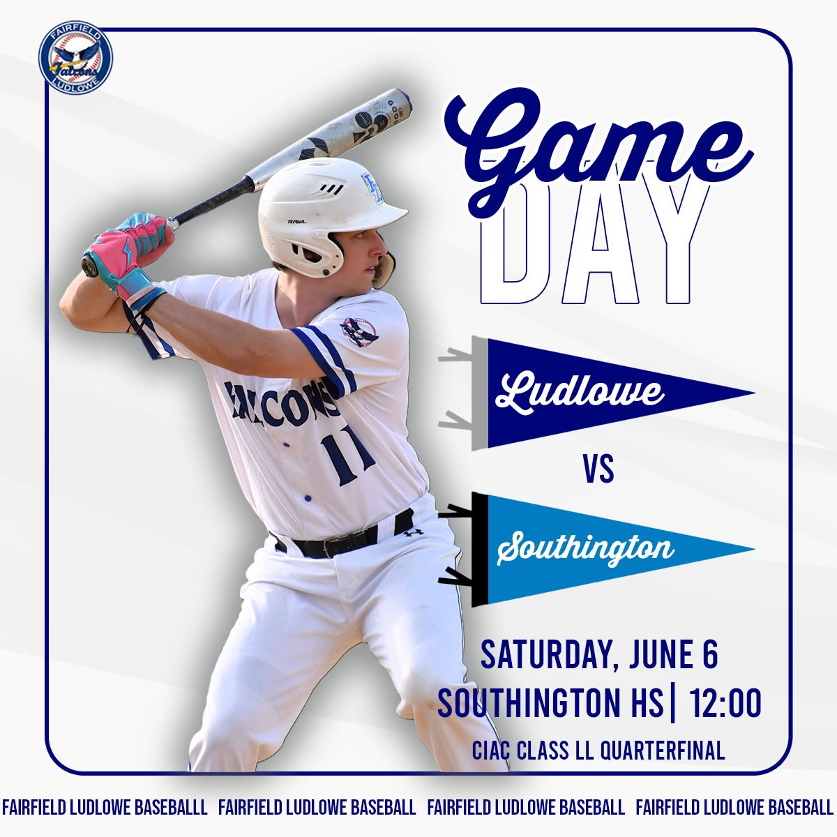 Game day! Class LL quarterfinals as we take the ride up to Southington. #LudloweBase #FalconPride