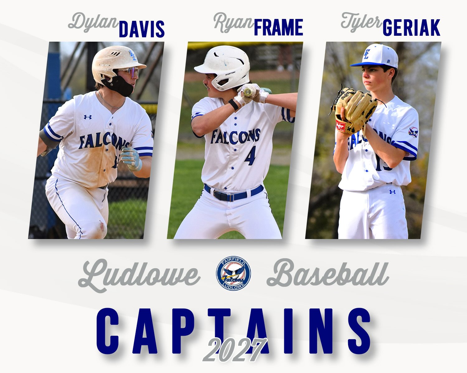 Congrats to Dylan Davis, Ryan Frame and Tyler Geriak on being named captains for 2027 season! We are excited for you to be leaders for us on and off the field. #LudloweBase #FalconPride